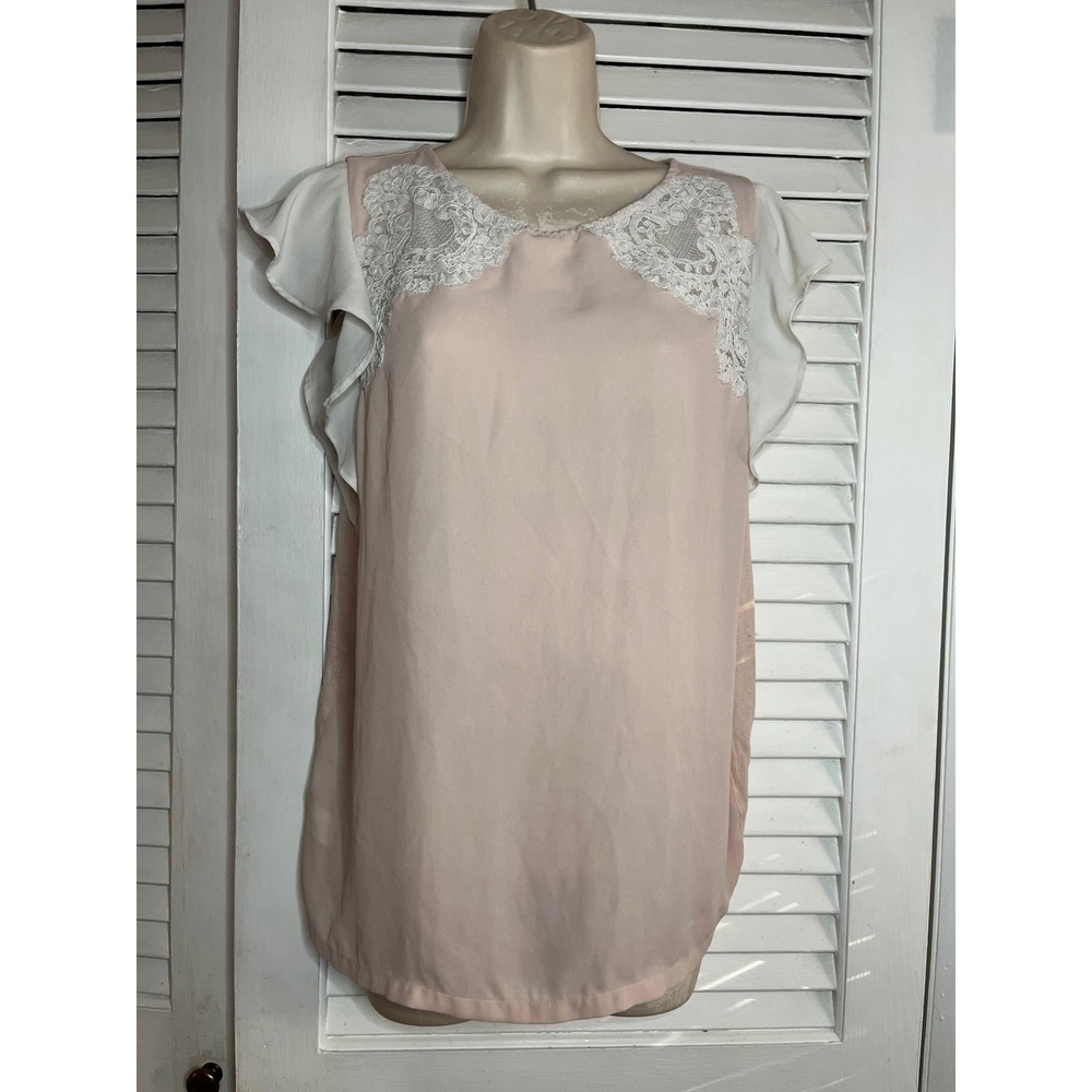 LOFT Blush Pink Lace Trim Flutter Sleeve Top Women's Size Medium